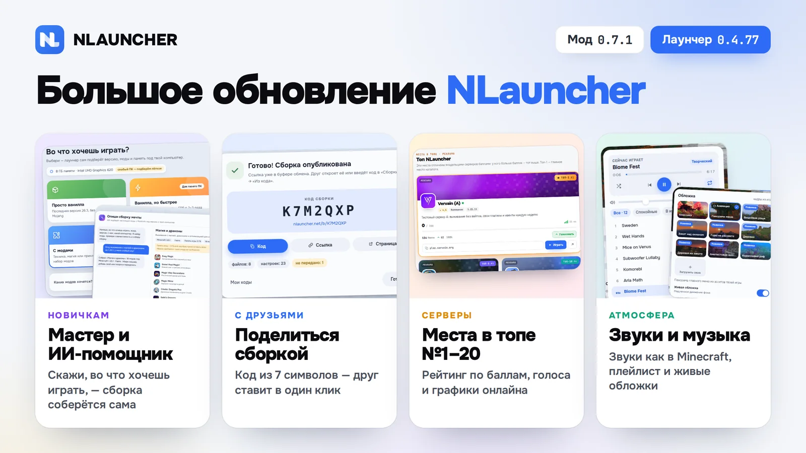 Большое обновление NLauncher: мастер и ИИ-помощник, «Поделиться сборкой», места в топе №1–20, звуки и музыка