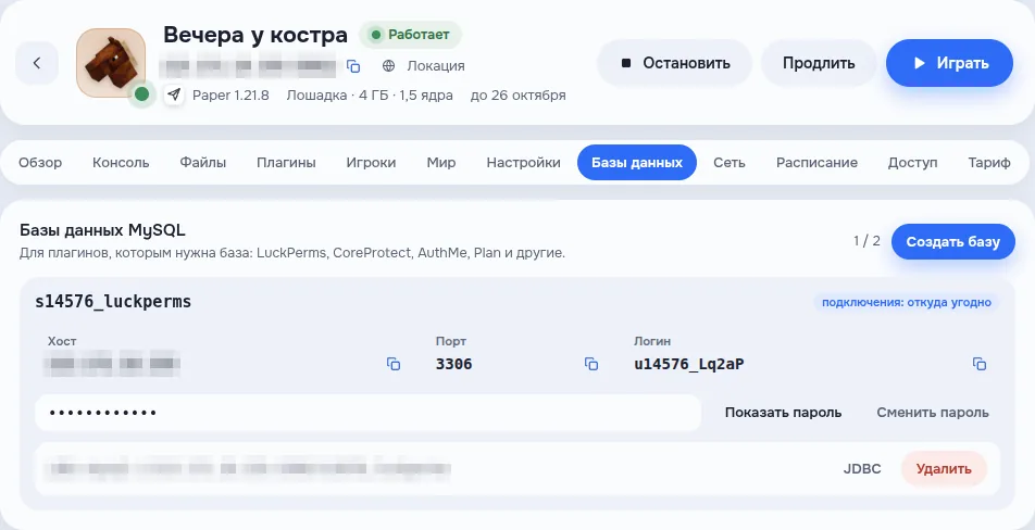 Вкладка «Базы данных»: база MySQL с хостом, портом, логином, паролем и строкой JDBC