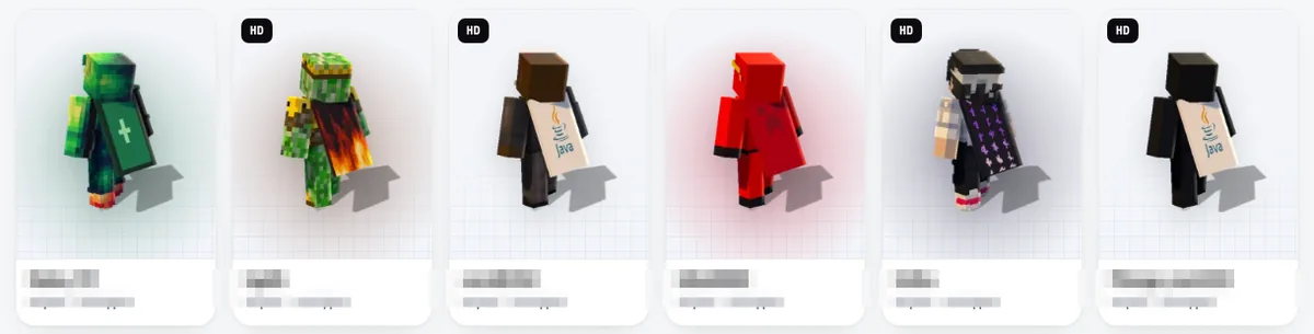 Галерея скинов и плащей игроков на сайте: шесть 3D-персонажей с плащами