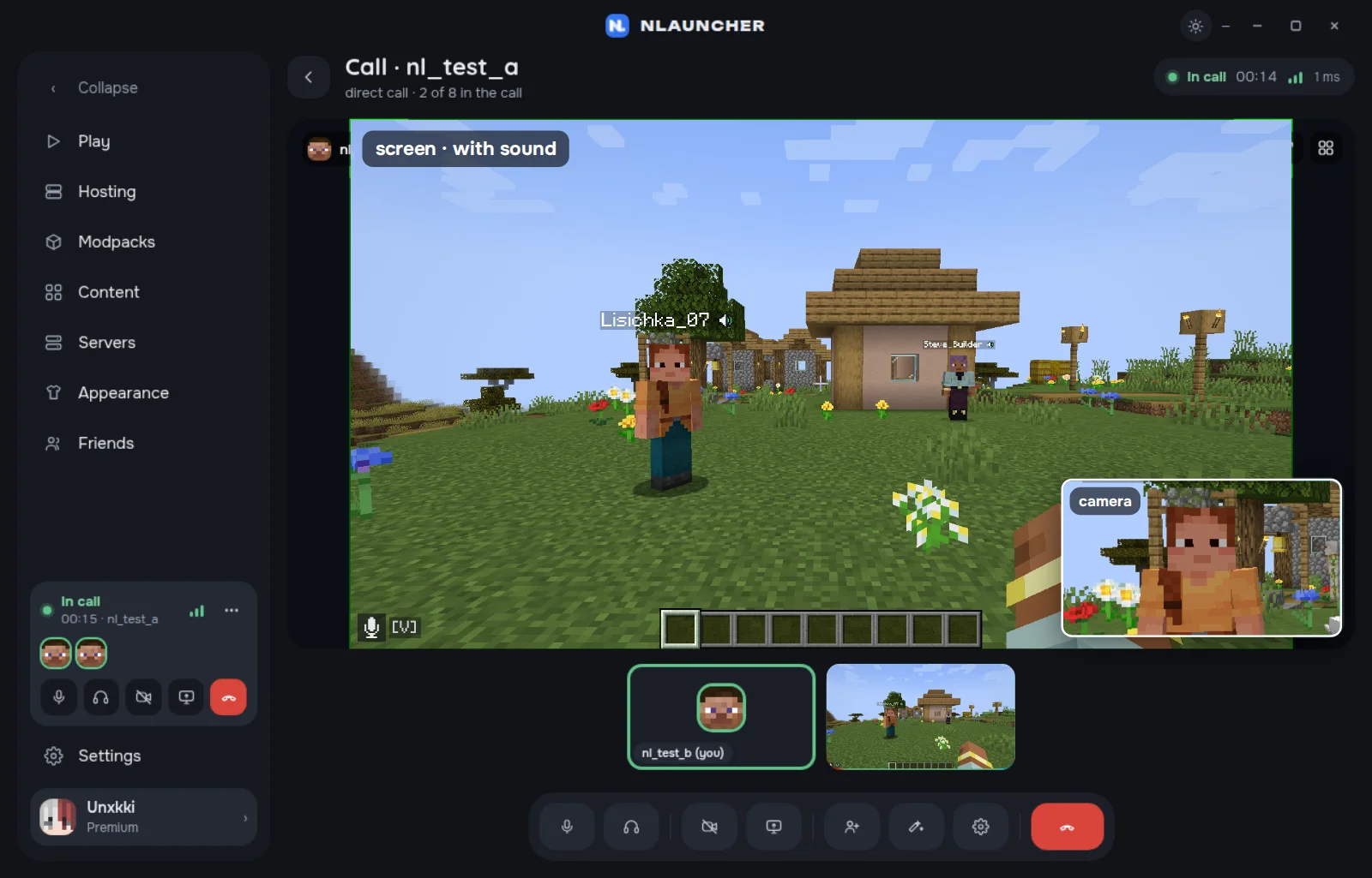 A call in the launcher: the game shared on the big screen with sound, a camera window in the corner, participant tiles below