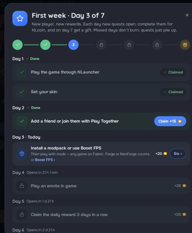 First week, day 3 of 7: finished days with claimed rewards, a quest “Add a friend or join them with Play Together” with Claim +15, and the next days’ quests