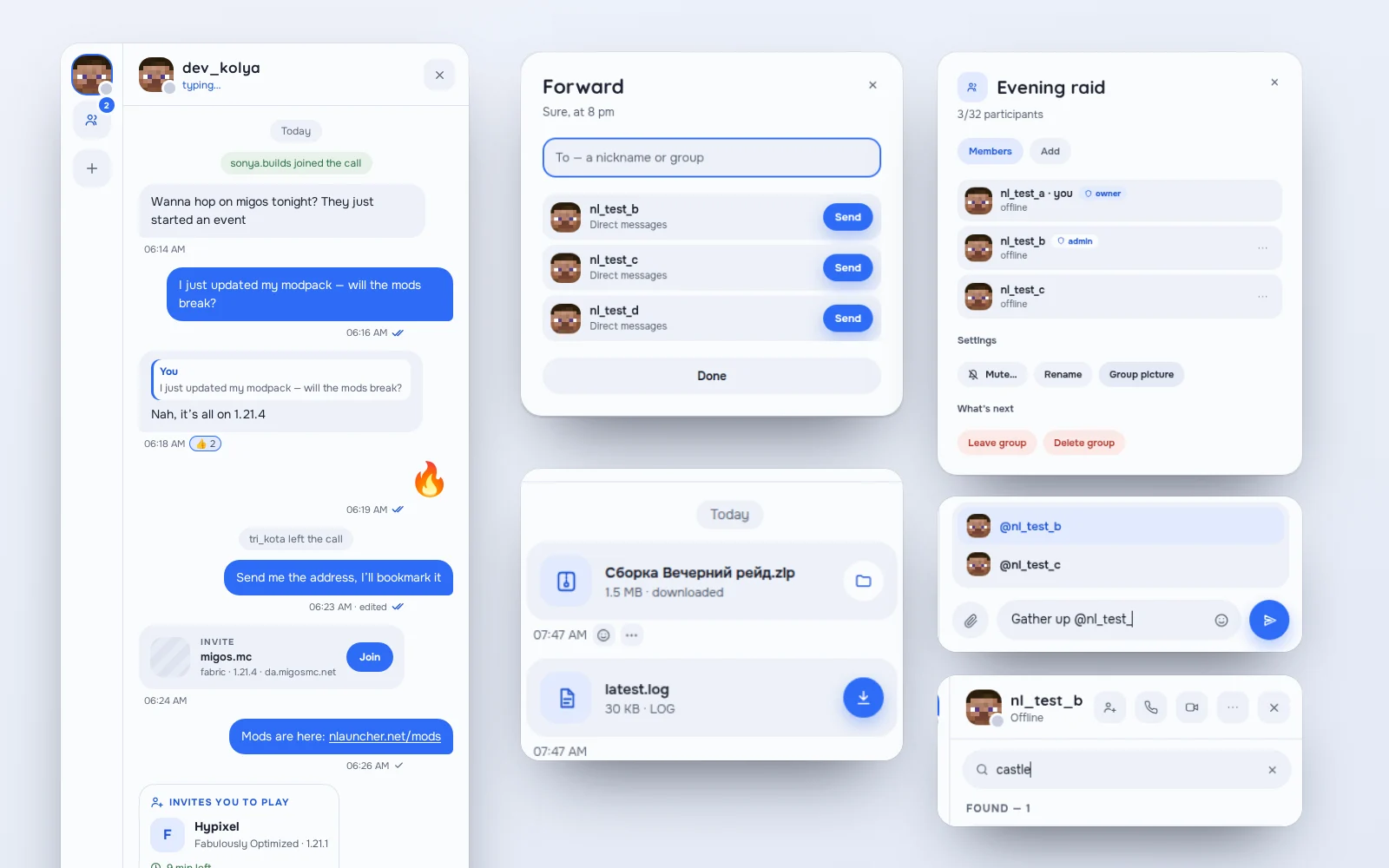 NLauncher messenger: a chat with a reply and a reaction, the Forward window, managing the Evening raid group, files in a chat, an @mention and search in a chat