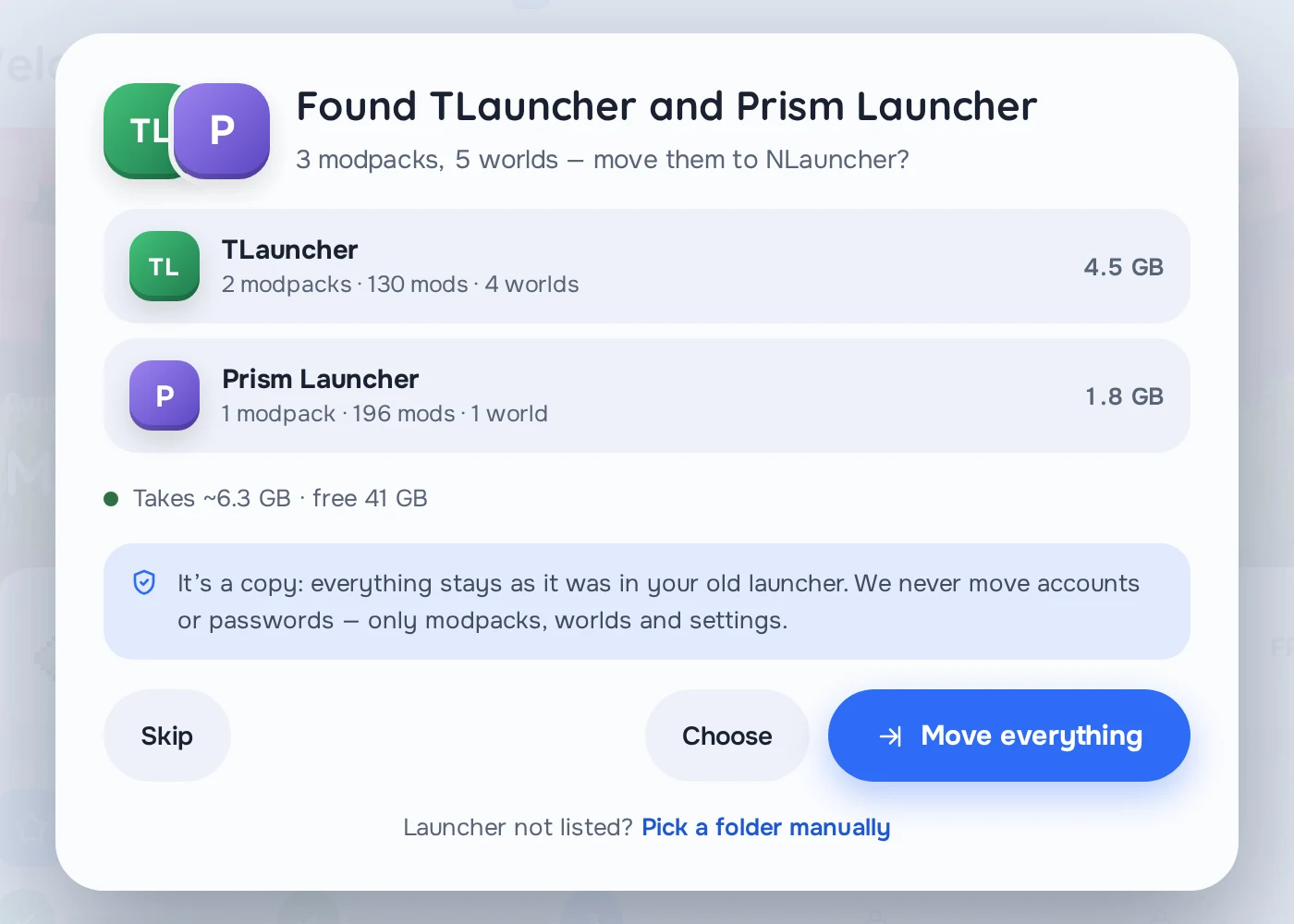 The window “Found TLauncher and Prism Launcher”: 3 modpacks, 5 worlds and a Move everything button