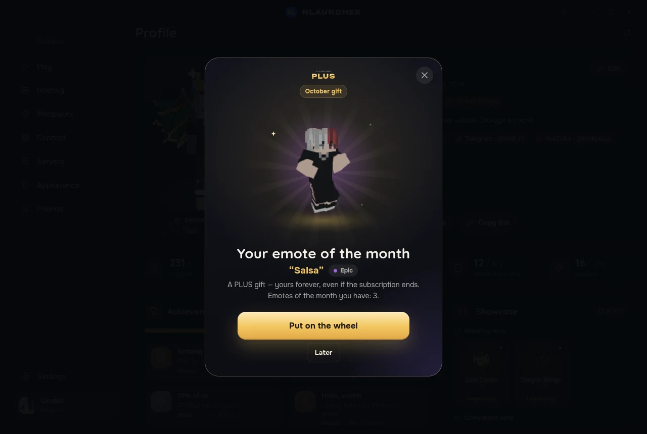 The window “Your emote of the month”: the Salsa emote yours forever and a Put on the wheel button
