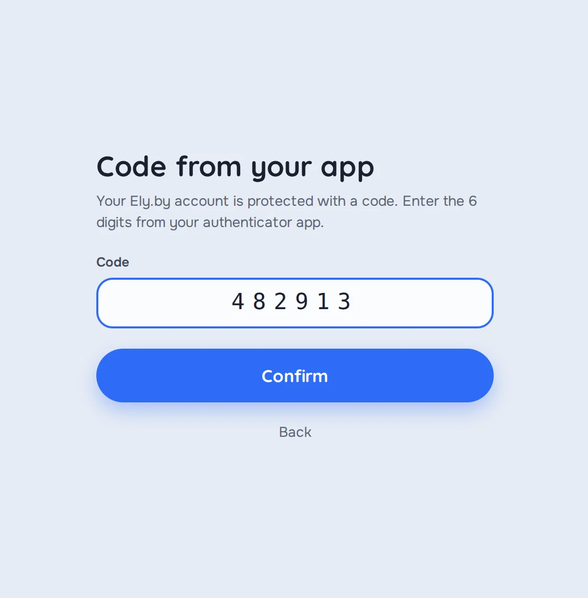 The Ely.by sign-in step asking for the two-factor code