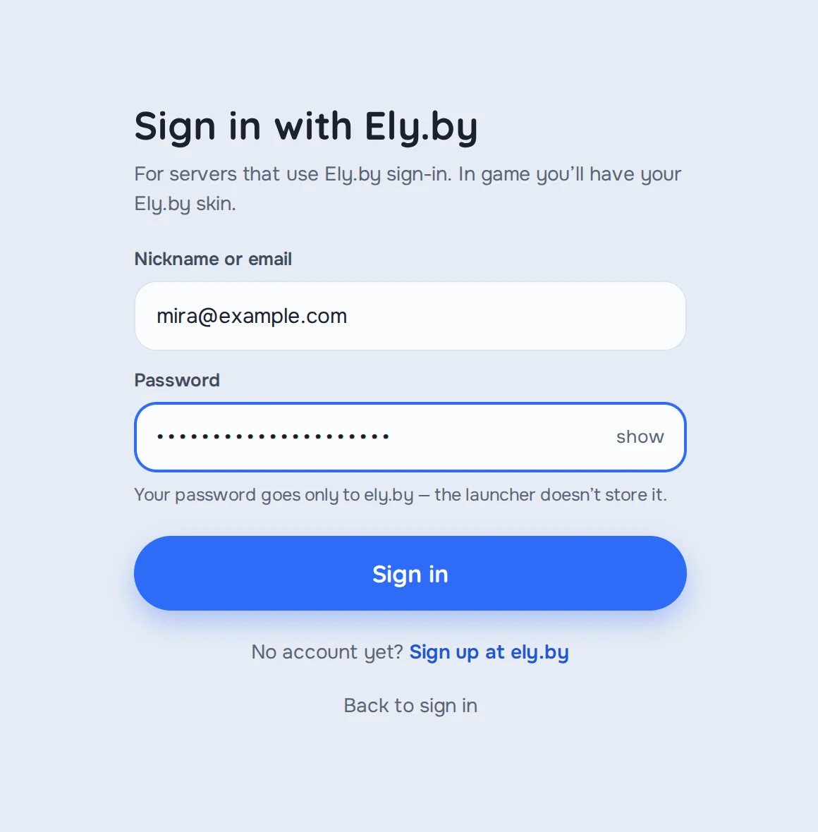 The Ely.by sign-in form: name or email, password, Sign in button and a link to register on ely.by