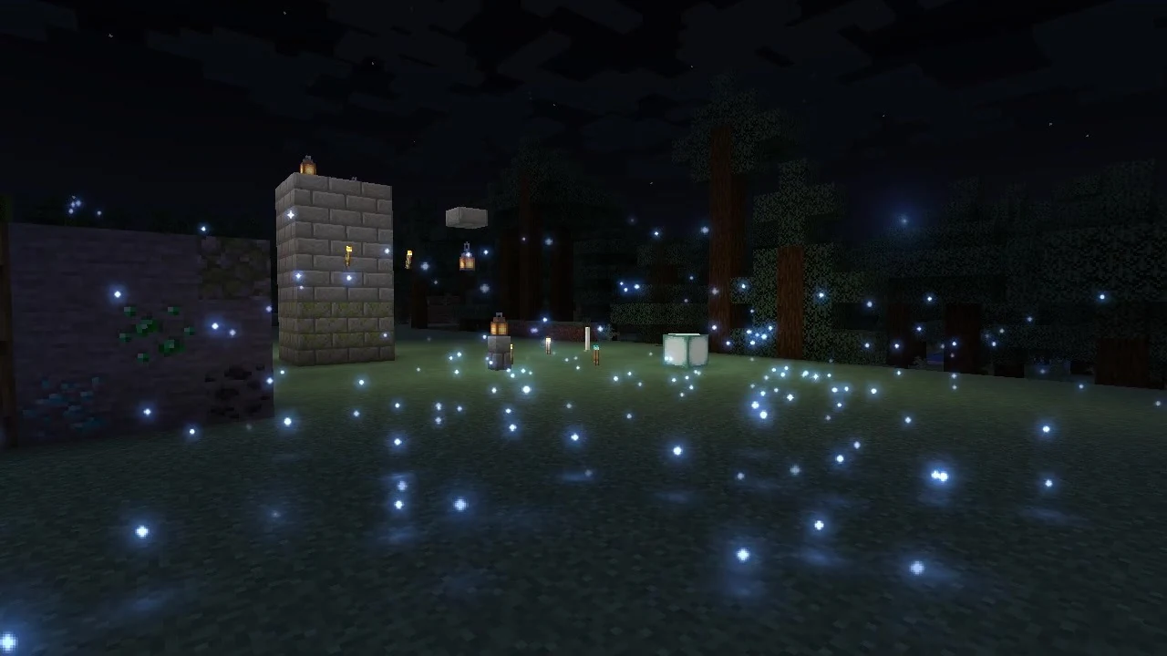 Night, fireflies around lanterns
