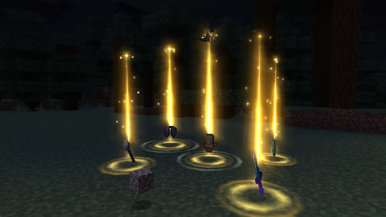 Golden beams over dropped items at night, rings on the ground