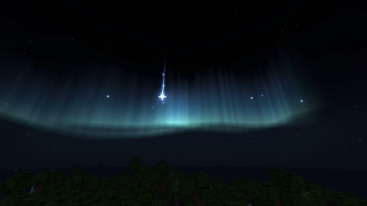 Night sky over a forest: a shooting star and the northern lights