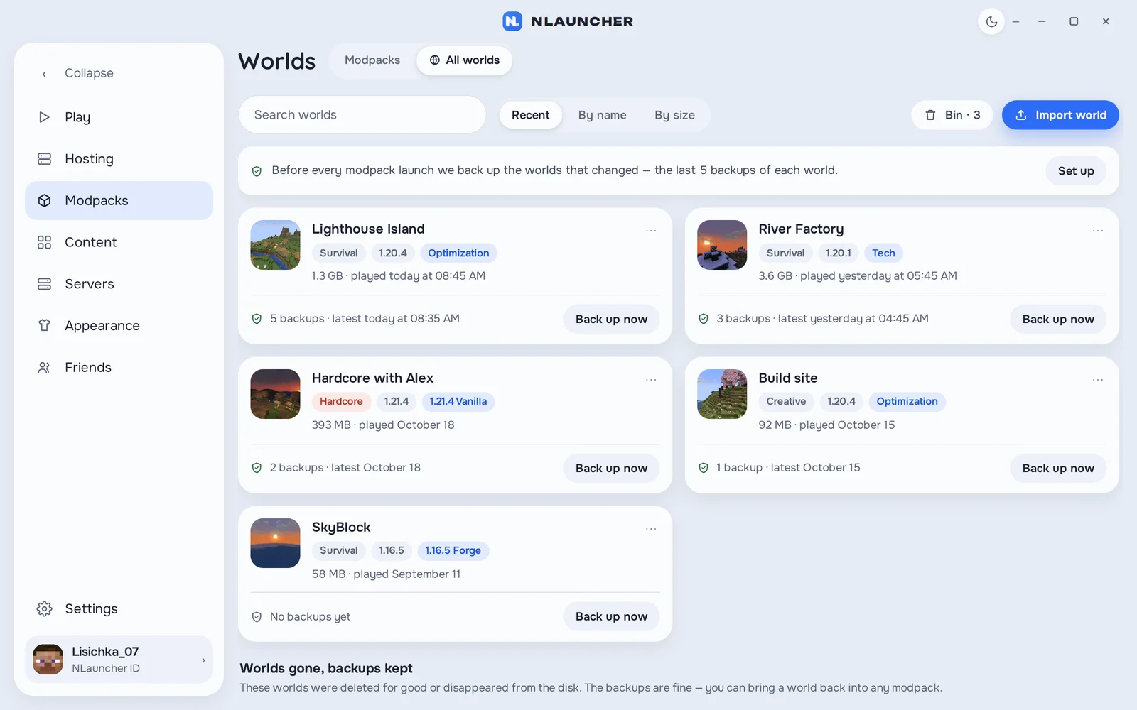 The All worlds view in NLauncher: world cards with version, game mode, size, modpack and backups