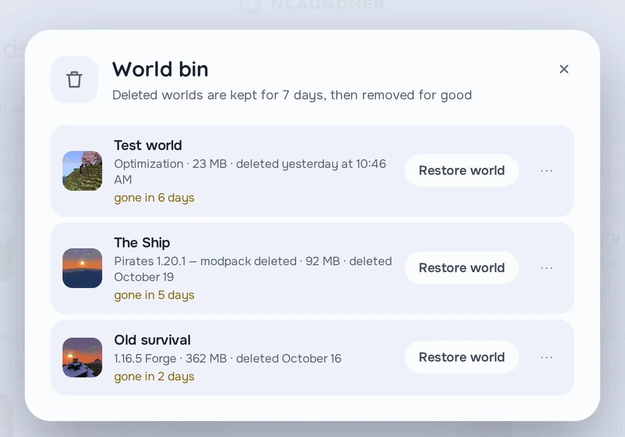 The world bin: three deleted worlds, each with a Restore world button and the days left before it’s gone